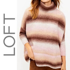 LOFT Turtleneck Poncho Sweater Large Dolman Sleeve Ombré Acrylic Poly Wool Blend